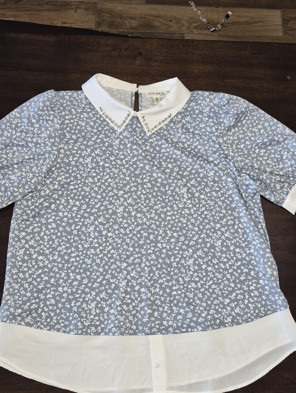 Light Blue Floral Peter Pan Collar Top with Embellished Trim